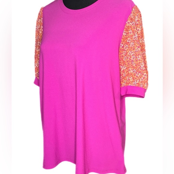 CeCe Pink Top with Orange Floral Sleeves - Picture 2 of 10